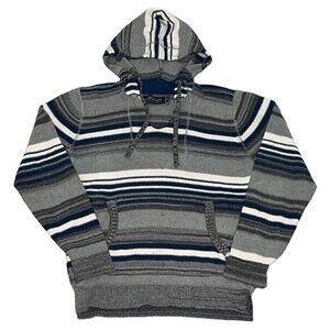 RETROFIT Hooded Striped Pullover Sweater Kangaroo Pocket Small Gray‎ Blue